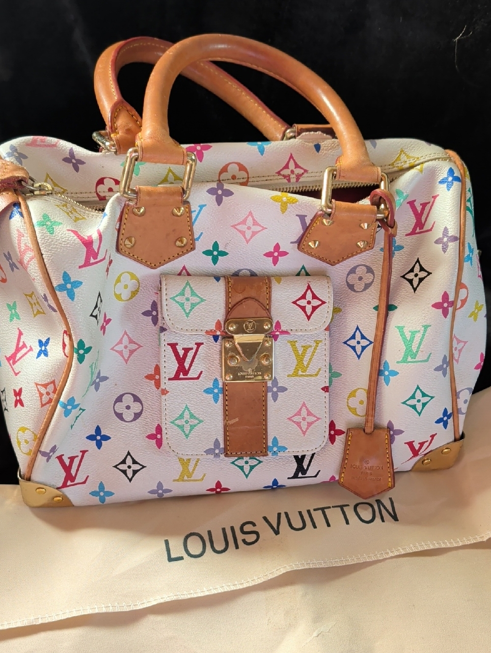 Louis Vuitton Multicolor Monogram White Leather Satchel with Tan Trim